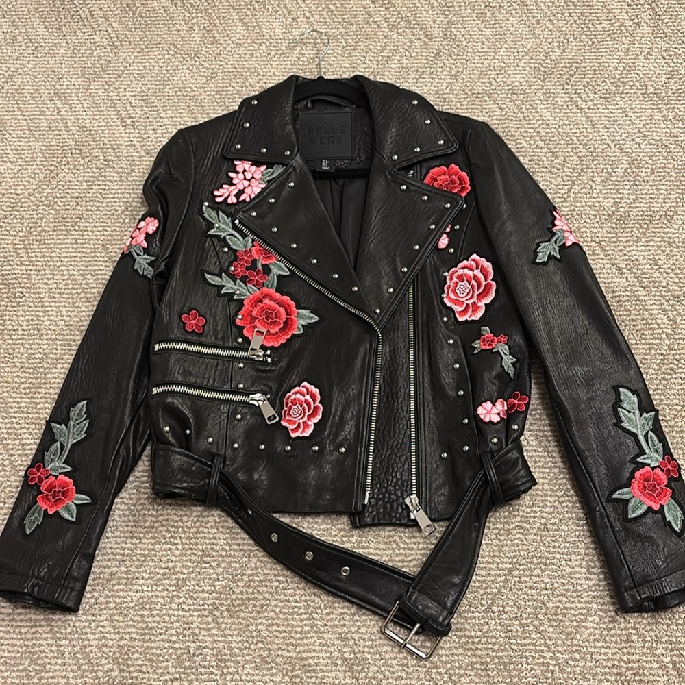 Belle Vere black leather motorcycle jacket with embroidered flowers size S - Picture 6 of 8